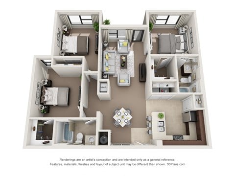 Floor plan for 3 beds, 2 baths, 1137 sqft
